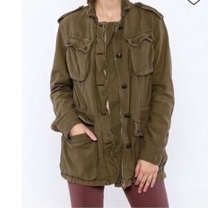 Free People Rugged Olive Green Military Utility Distressed Button Closure Jacket